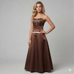Strapless Brown Satin Formal Dress with Shawl